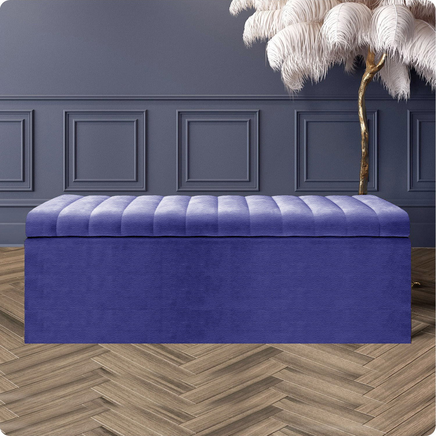 R&M Furnishers Safar Naples Ottoman Storage Box, Dark Grey Striped Upholstered Blanket Chest & End Of Bed Bench - Blue Naples
