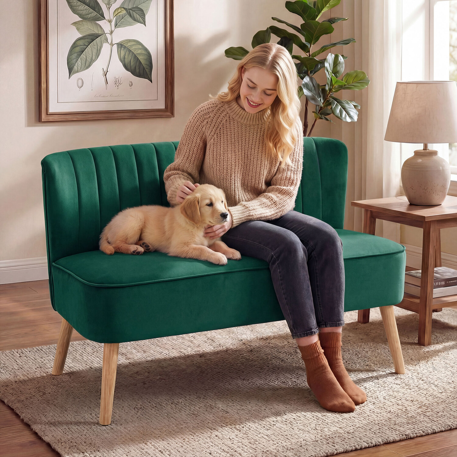 Homcom 46 Loveseat Sofa 2 Seater Sofa With Padded Seat, Dark Green - Green