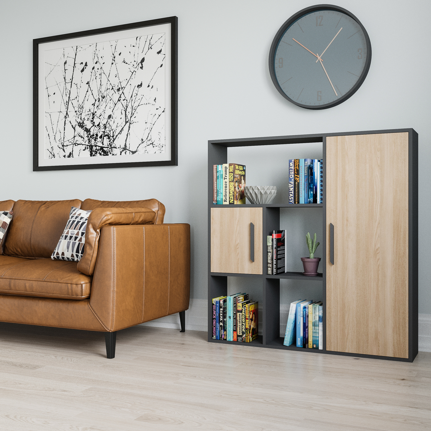 Ridge Bookcase with Cabinets - Anthracite & Sapphire Oak Pattern