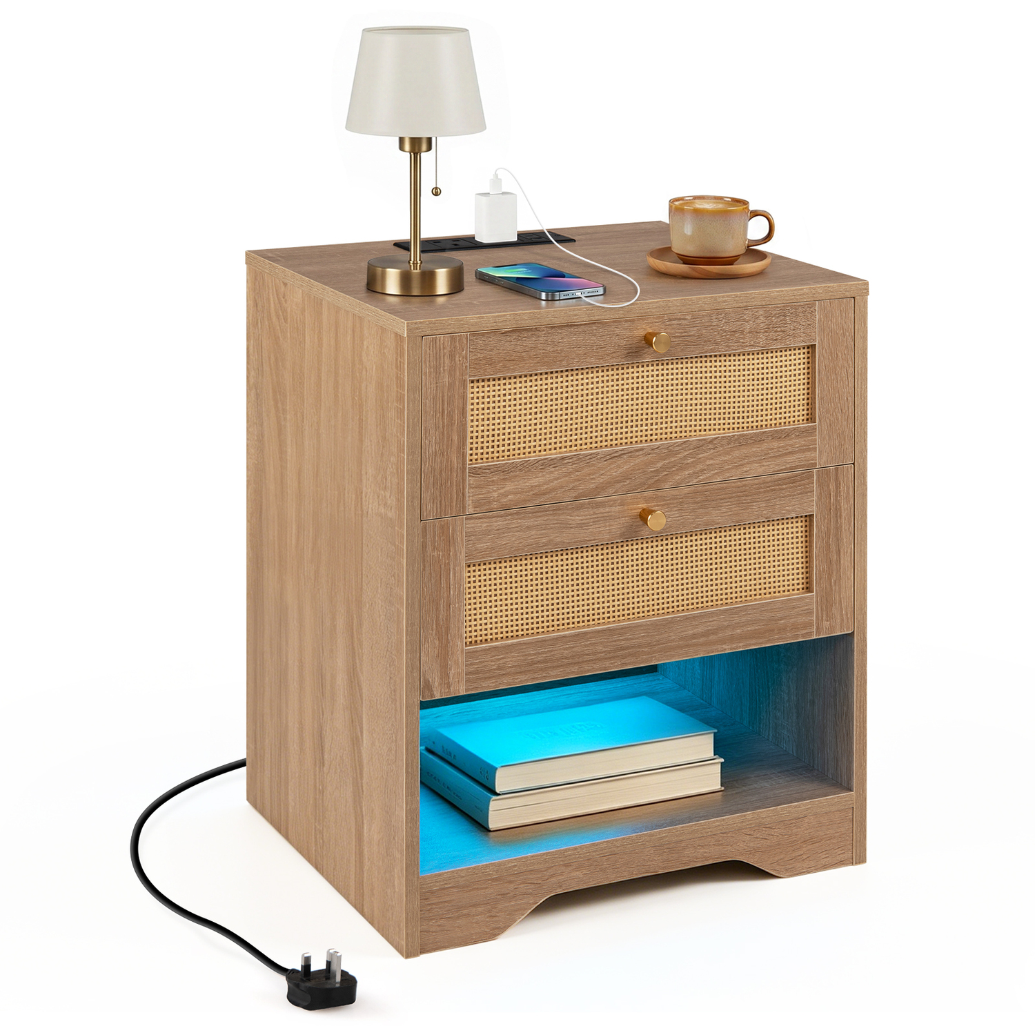 Rattan Bedside Table Nightstand with Charging Station - Brown