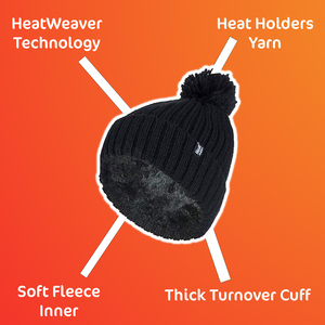 Ladies Ribbed Cuffed Thermal Insulated Winter Pom Pom Bobble Hat