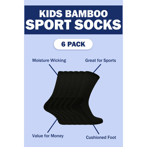 6 Pack Boys Bamboo Sport Socks | Sock Snob | Breathable Crew Kids White PE Socks