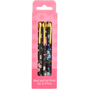 Pack of 3 Black and Pink Floral Pens