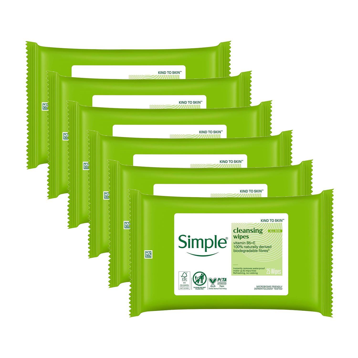 Simple Kind To Skin, Cleansing Wipes Sensitive Skin 6 Packs Of 25 Wipes - White