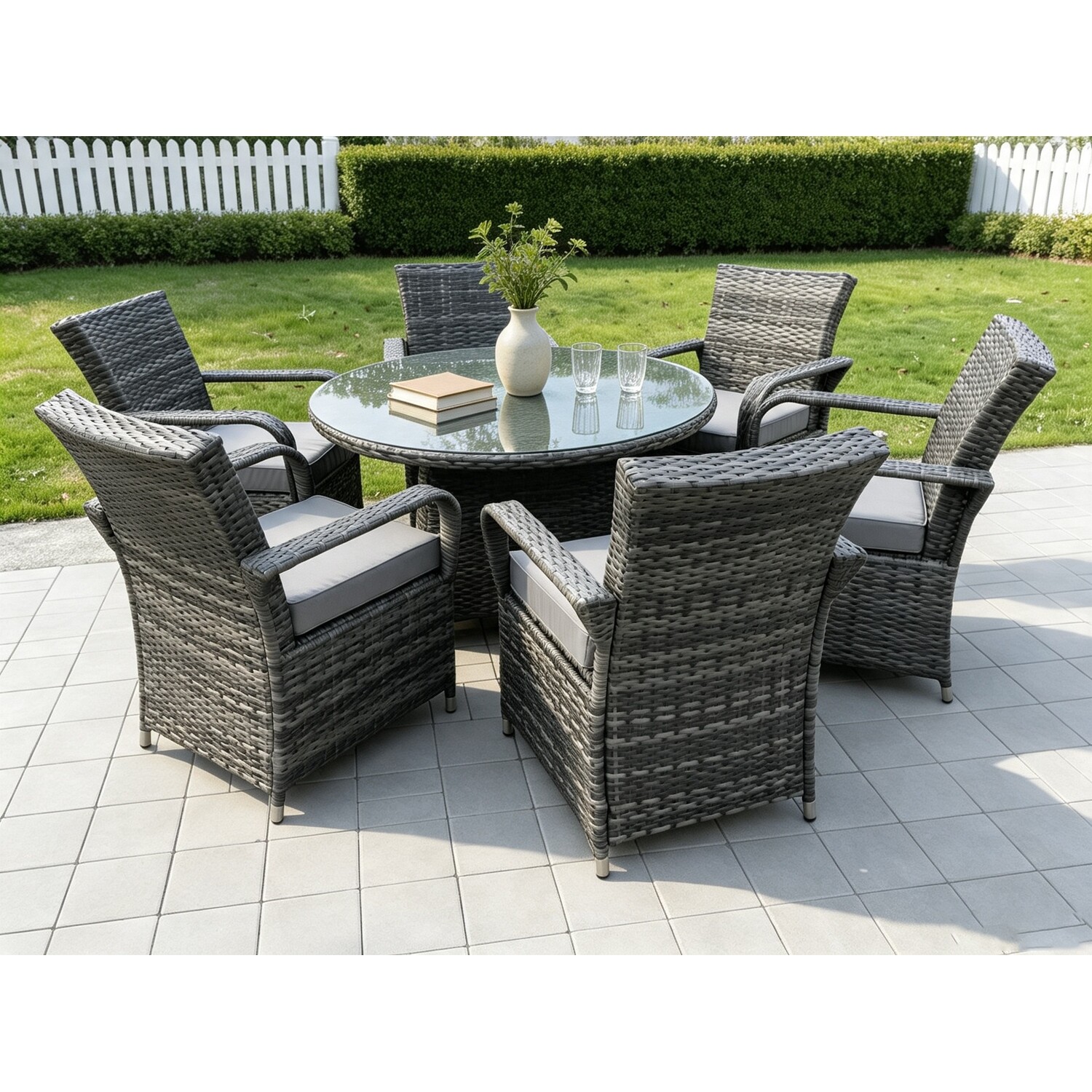 Fimous Rattan Garden Dining Set 6 Chairs Round Table - Dark Grey Mixed