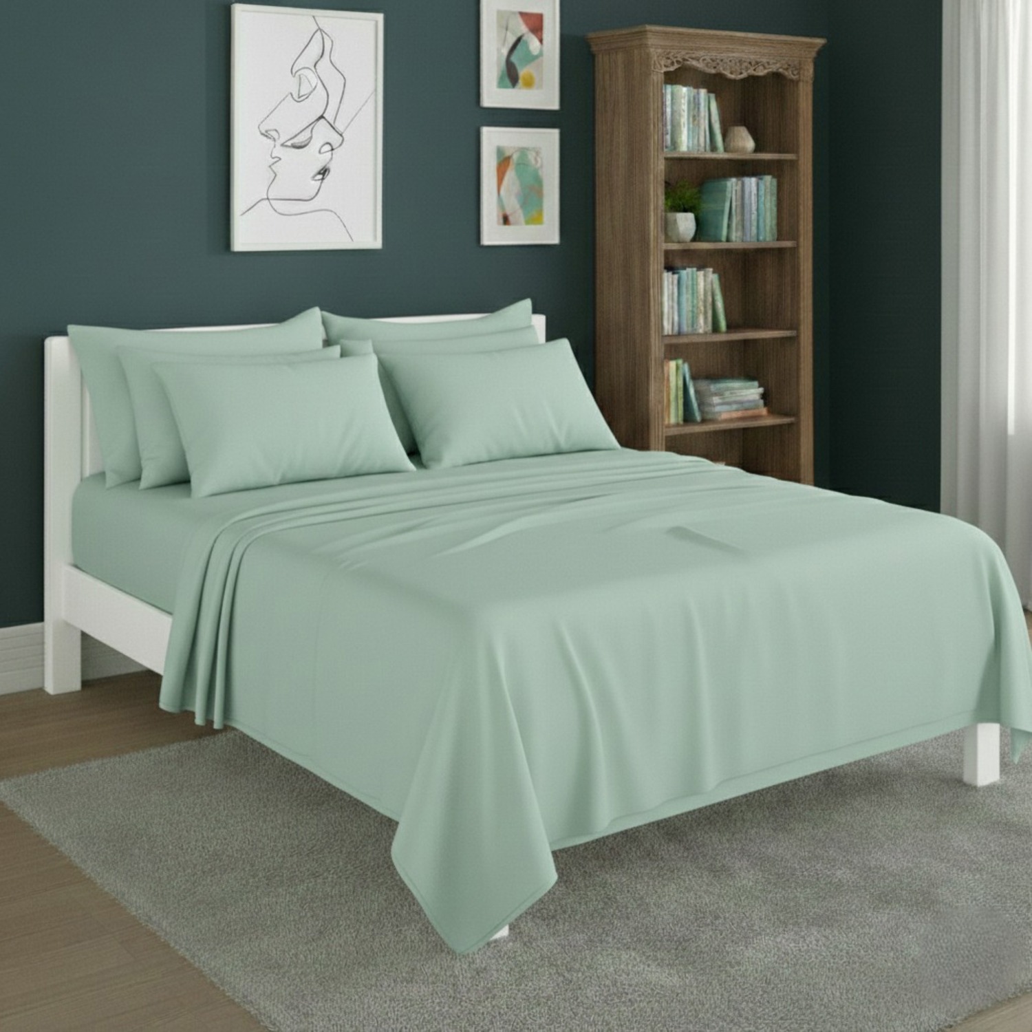 Snug City Plain Poly Cotton Easy Care Fitted Flat Sheet Matching Pillowcases Set in Mint | Size: Single