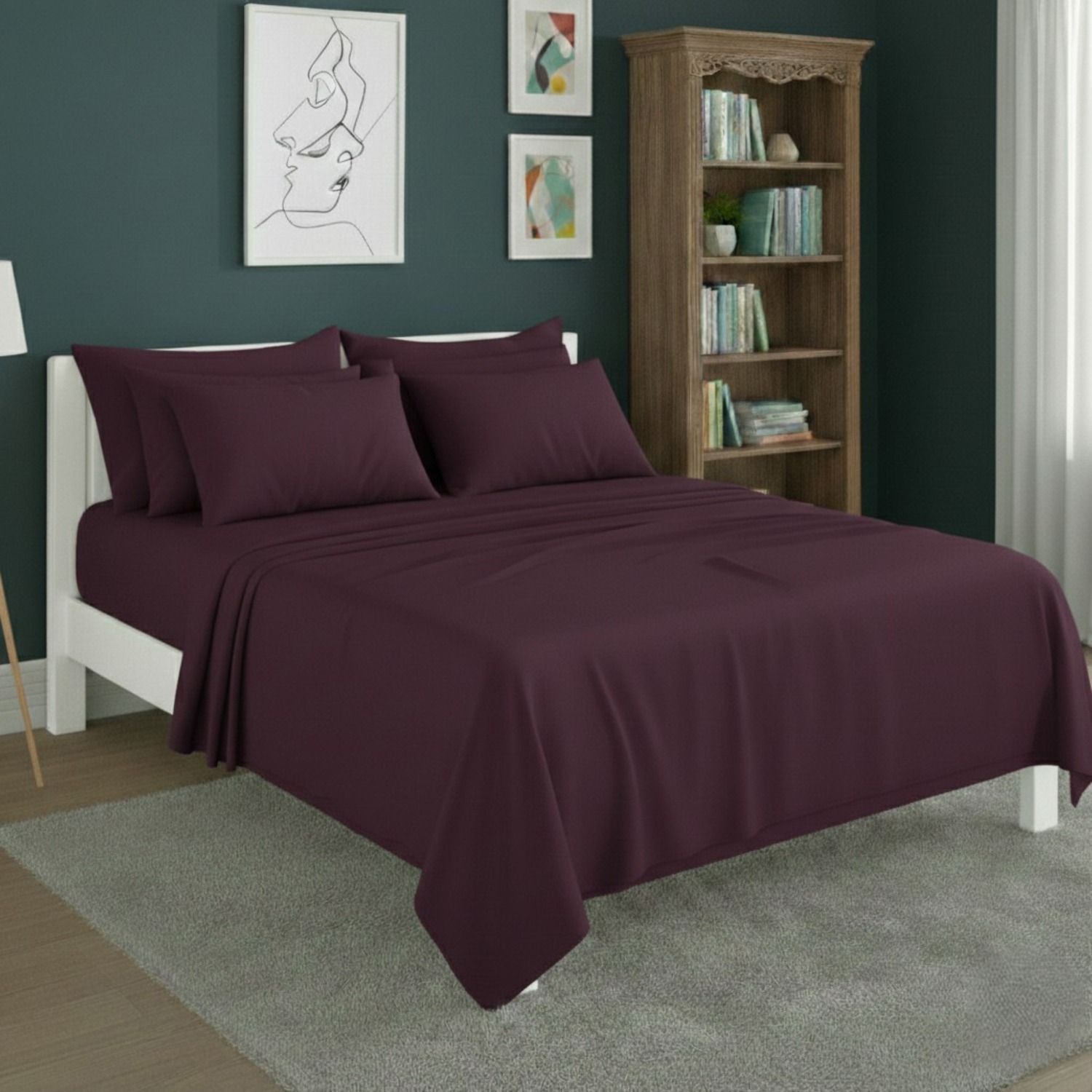 Snug City Plain Poly Cotton Easy Care Fitted Flat Sheet Matching Pillowcases Set in Plum | Size: Super King