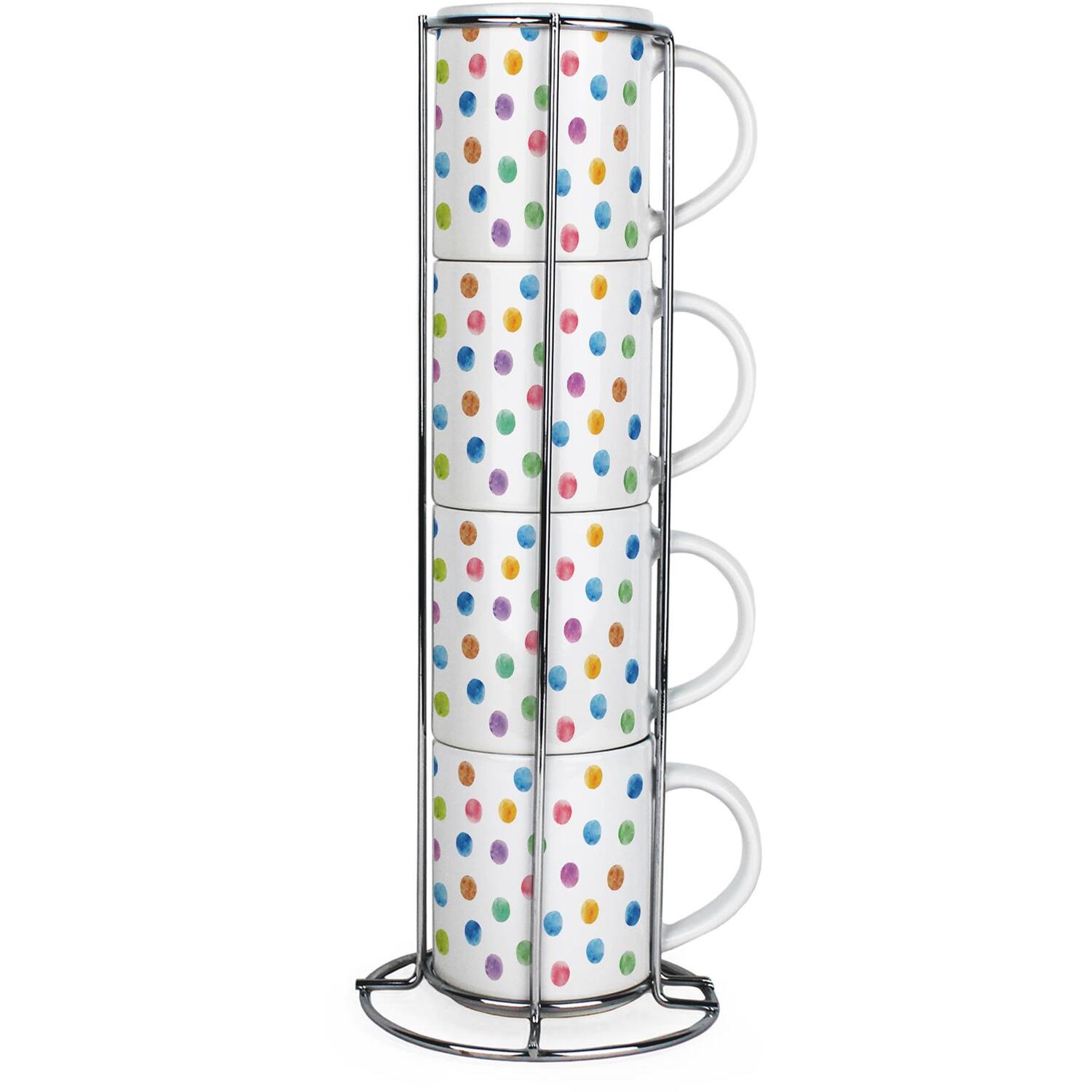 B&Q -  Polka Dots Stacking Mugs SetMulticoloured Spots Ceramic Tea/coffee Cups Mug Gift Set With Metal Stand/holder Set Of 4 - Image 4