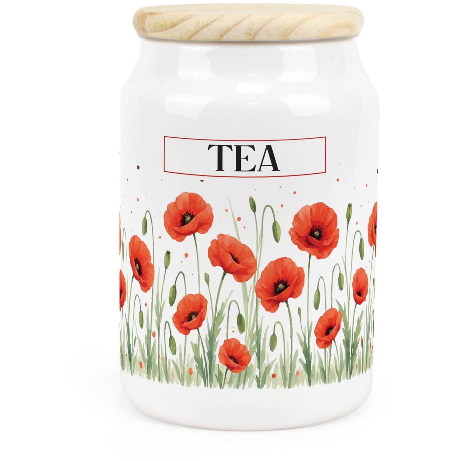 B&Q - Summer Poppies Tea CanisterRed & Green Floral Homeware GiftsCeramic Storage Container & Wooden Lid 600Ml (14.5Cm X 9.5Cm) - Image 2