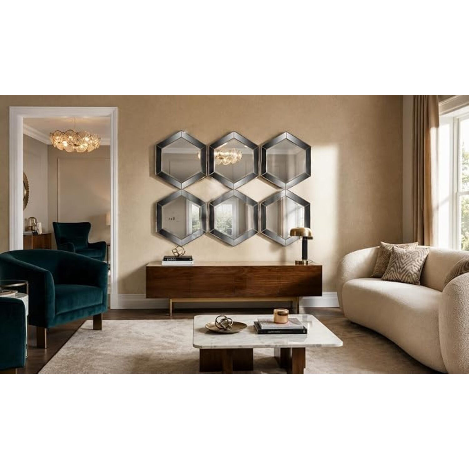 DEENZ Pack Of 6 Hexagonal Shaped Wall Hanging Mirror Plastic Frame Gold Mirrored Surface Home Furniture Decor Display Idea 30Cm Dia.