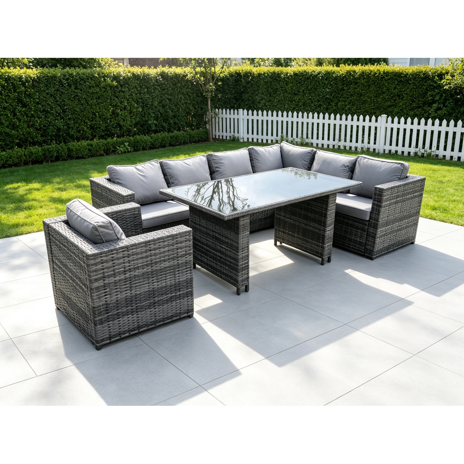 Rackhams Black Lounge Rattan Corner Sofa Set Outdoor Garden Furniture Rectangular Dining Table Chair - Image 2