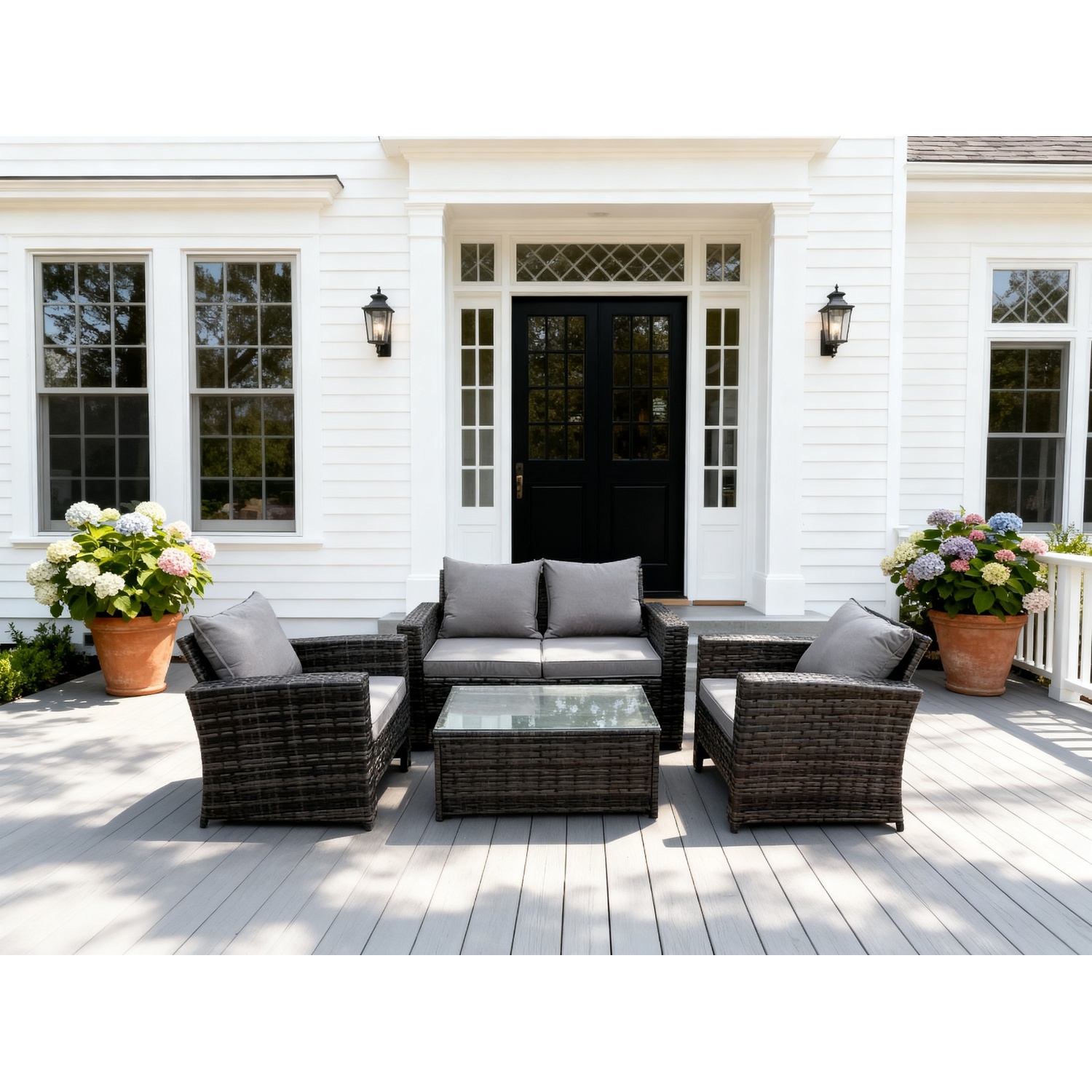 Rackhams Grey 4 Seater Mixed High Back Rattan Sofa Set Rectangular Coffee Table Garden Furniture Outdoor Patio - Image 2