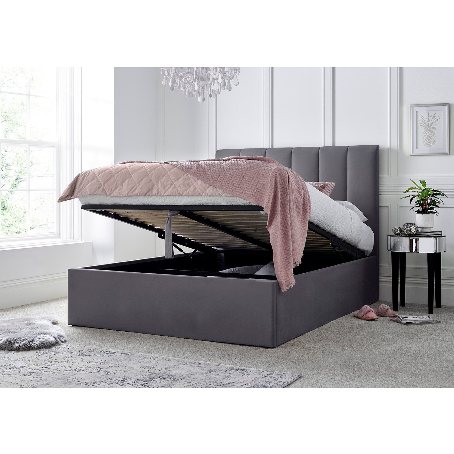 Time4sleep Grey Upholstered Ottoman Bed Frame - Double - Grey