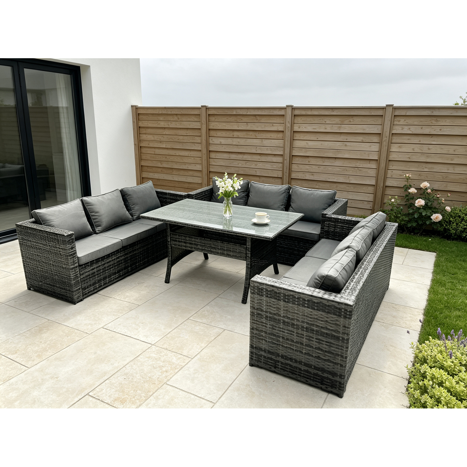Fimous Dark/Grey 9 Seater Outdoor Wicker Garden Furniture Rattan Lounge Sofa Set Patio Rectangular Dining Table Three Seater Sofa Mixed - Image 2