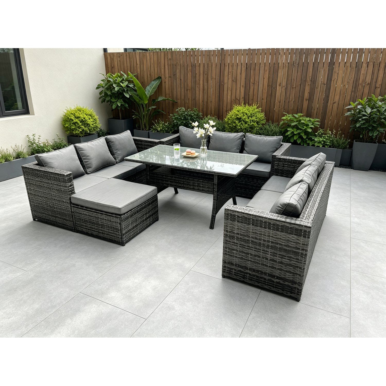 Fimous Dark/Grey Outdoor Wicker Garden Furniture Rattan Lounge Sofa Set Patio Rectangular Dining Table With Big Footstool 10 Seater Mixed - Image 2