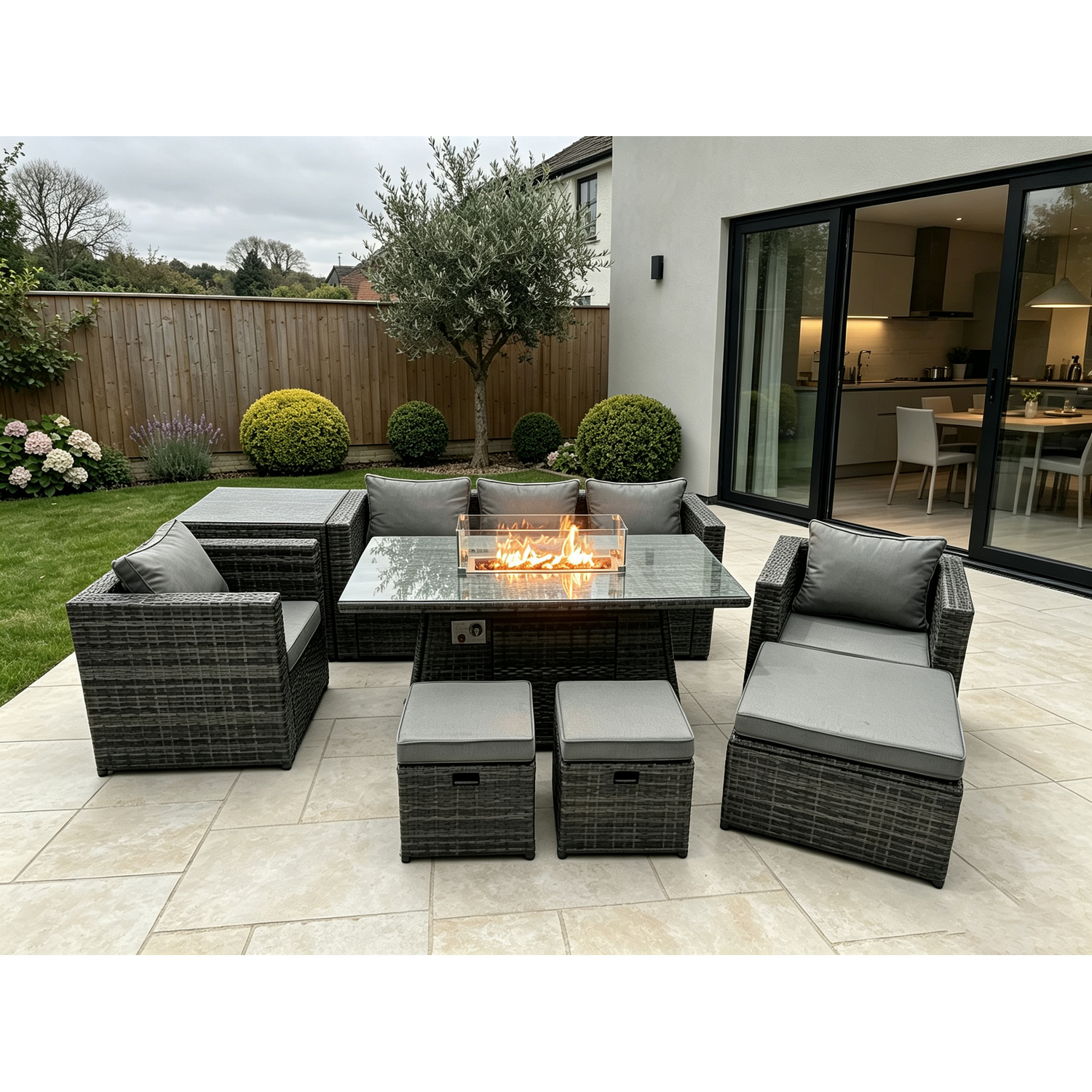Rackhams Dark/Grey 8-Seater Wicker Pe Rattan Garden Fire Pit Dining Set | Gas Heater, 2 Armchairs, Side Tables, Footstools | - Image 2