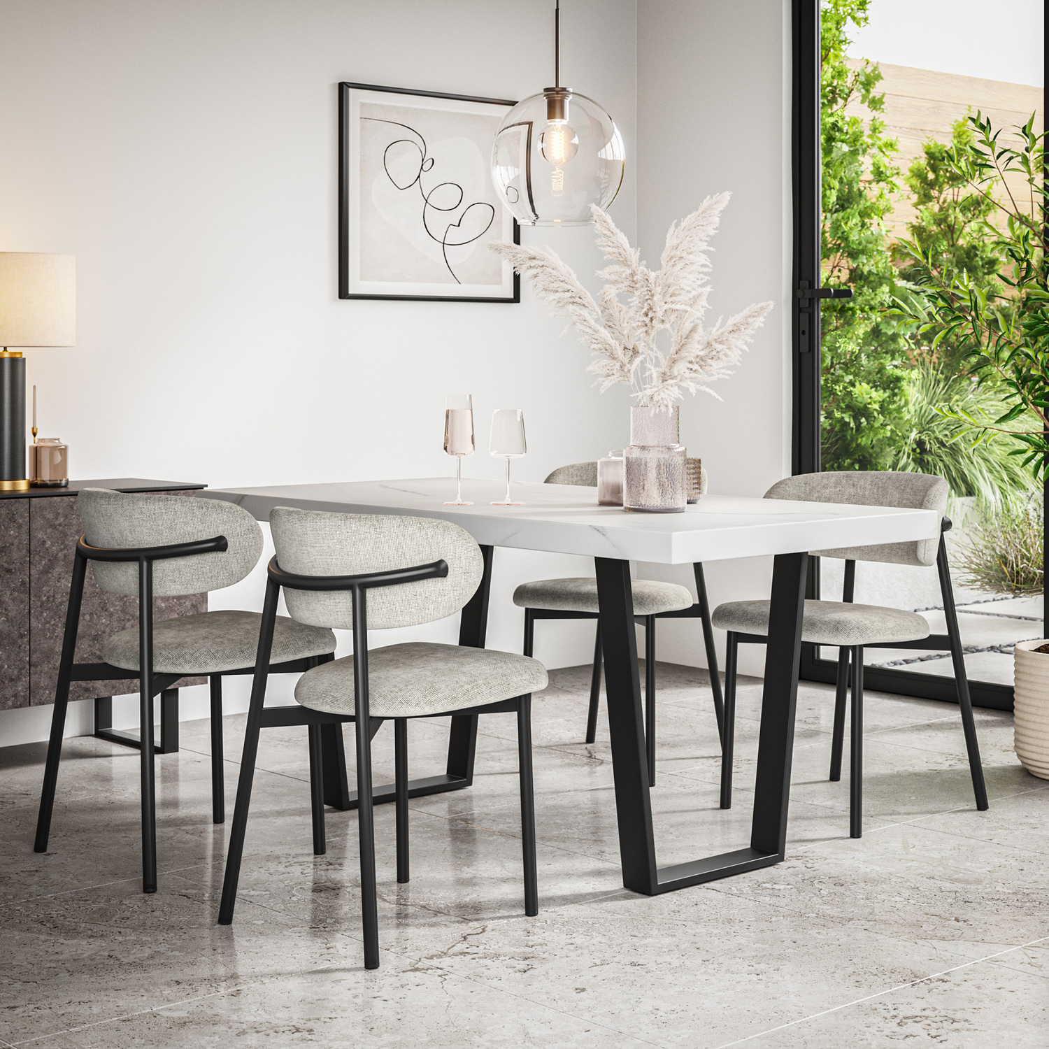 Aria White Marble Top Rectangle Dining Table and 4 Myla Linen Chairs ...