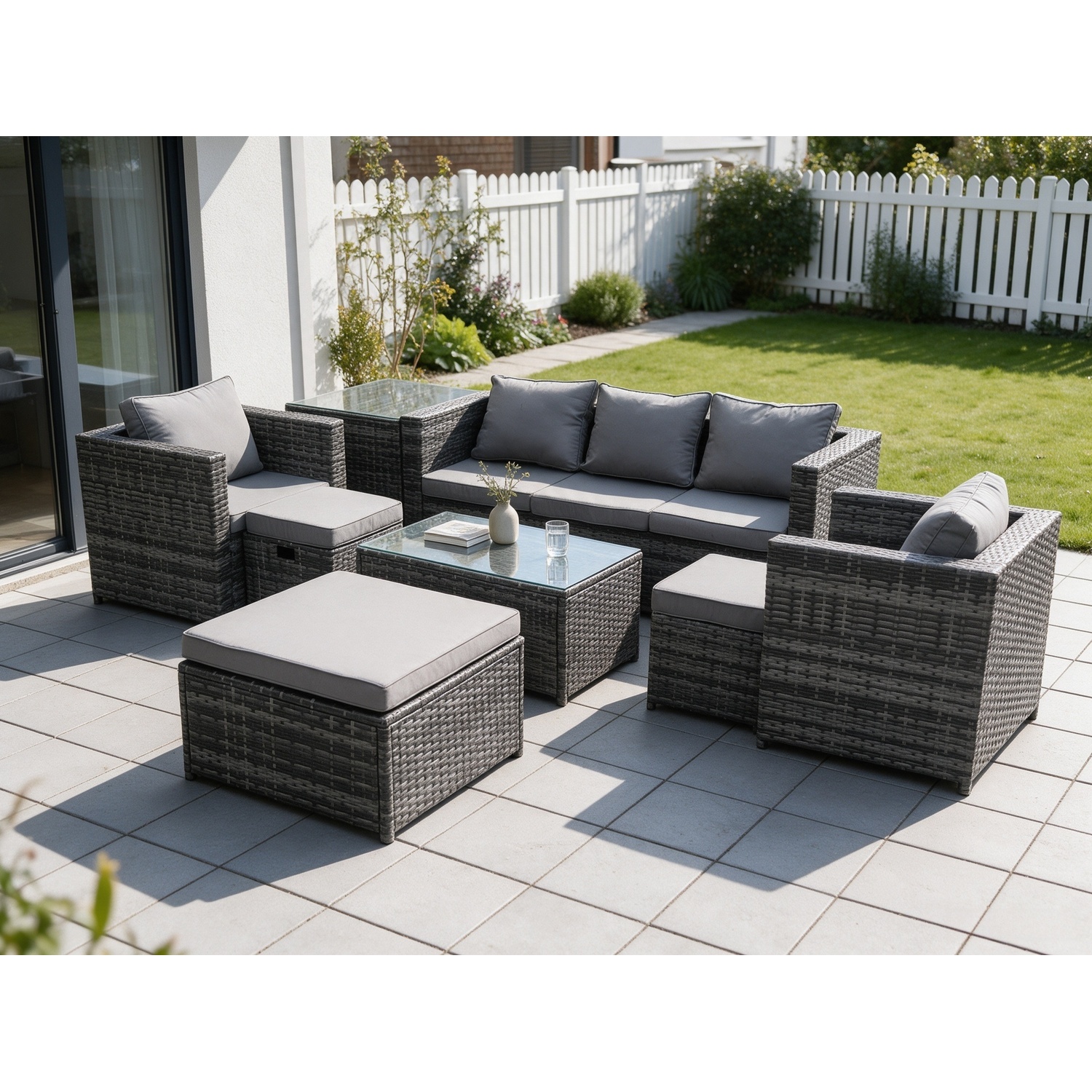 Rackhams Dark/Grey Outdoor Rattan Garden Furniture Set With 3 Seater Sofa Coffee Table Side Table 2 Armchairs 3 Footstools Patio Lounge Sofa Set Mixed - Image 2