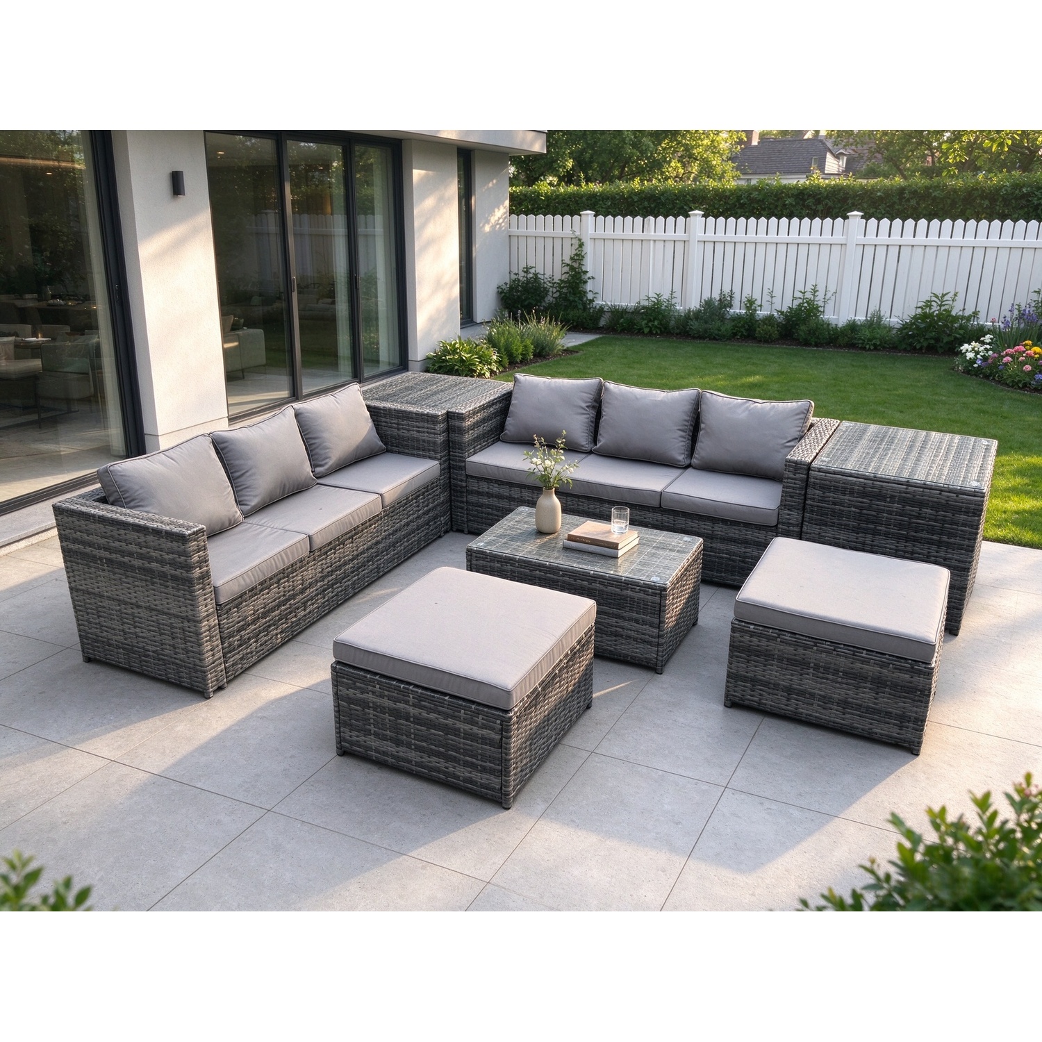 Rackhams Dark/Grey Rattan Garden Furniture Dining Set 8 Seater Patio Coffee Table Sofa Set With 2 Side Tables 2 Big Footstools Mixed - Image 2