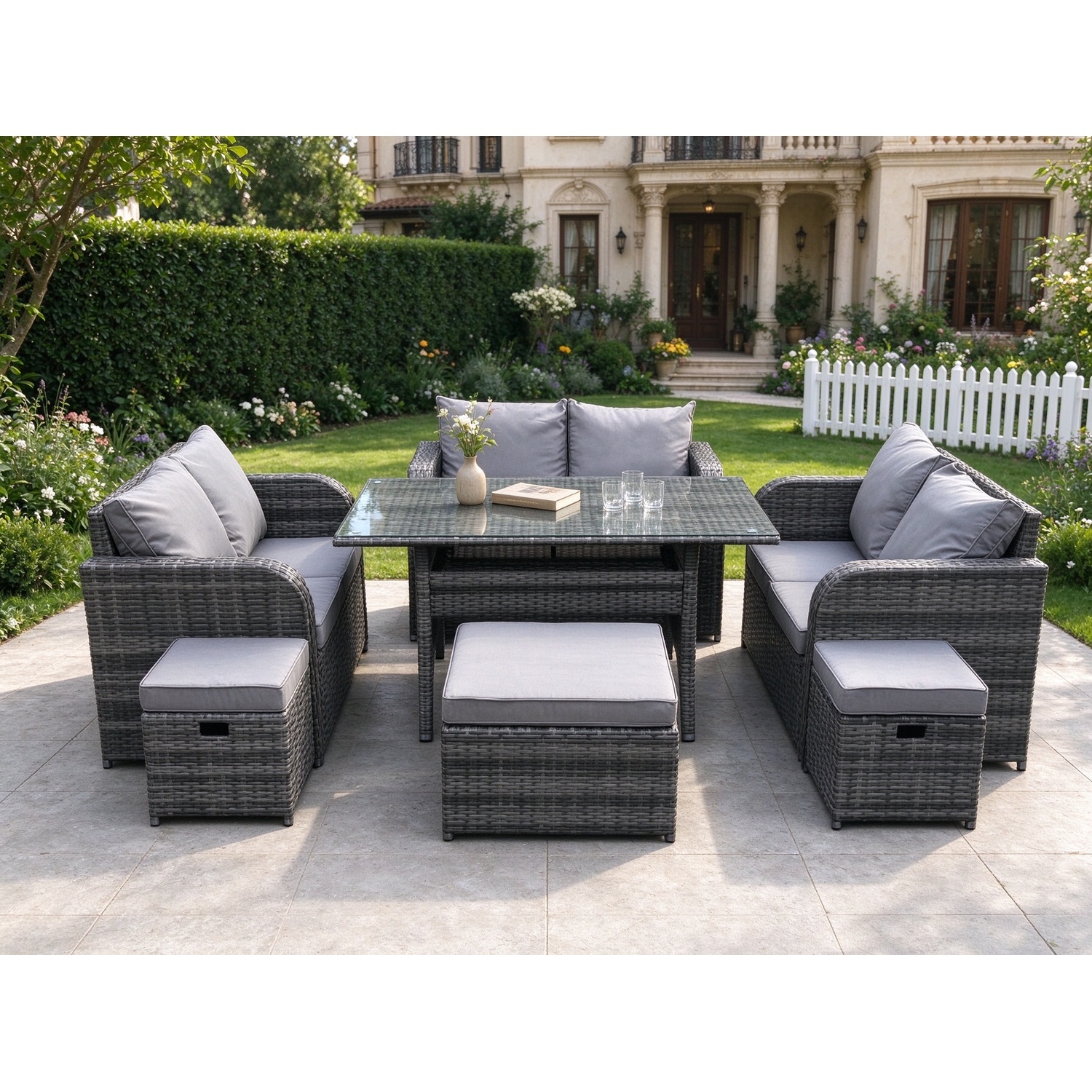 Fimous 9 Seater Outdoor Rattan Garden Furniture Set With Patio Rectangular Dining Table Love Sofa 3 Footstools Dark Grey Mixed - Image 3