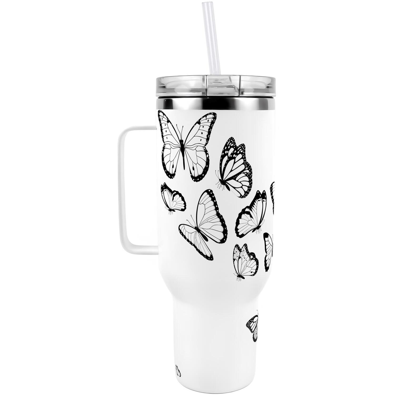 B&Q -  Black Butterflies40Oz Stainless Steel Xl Travel Cup With Straw And Lid - Image 3