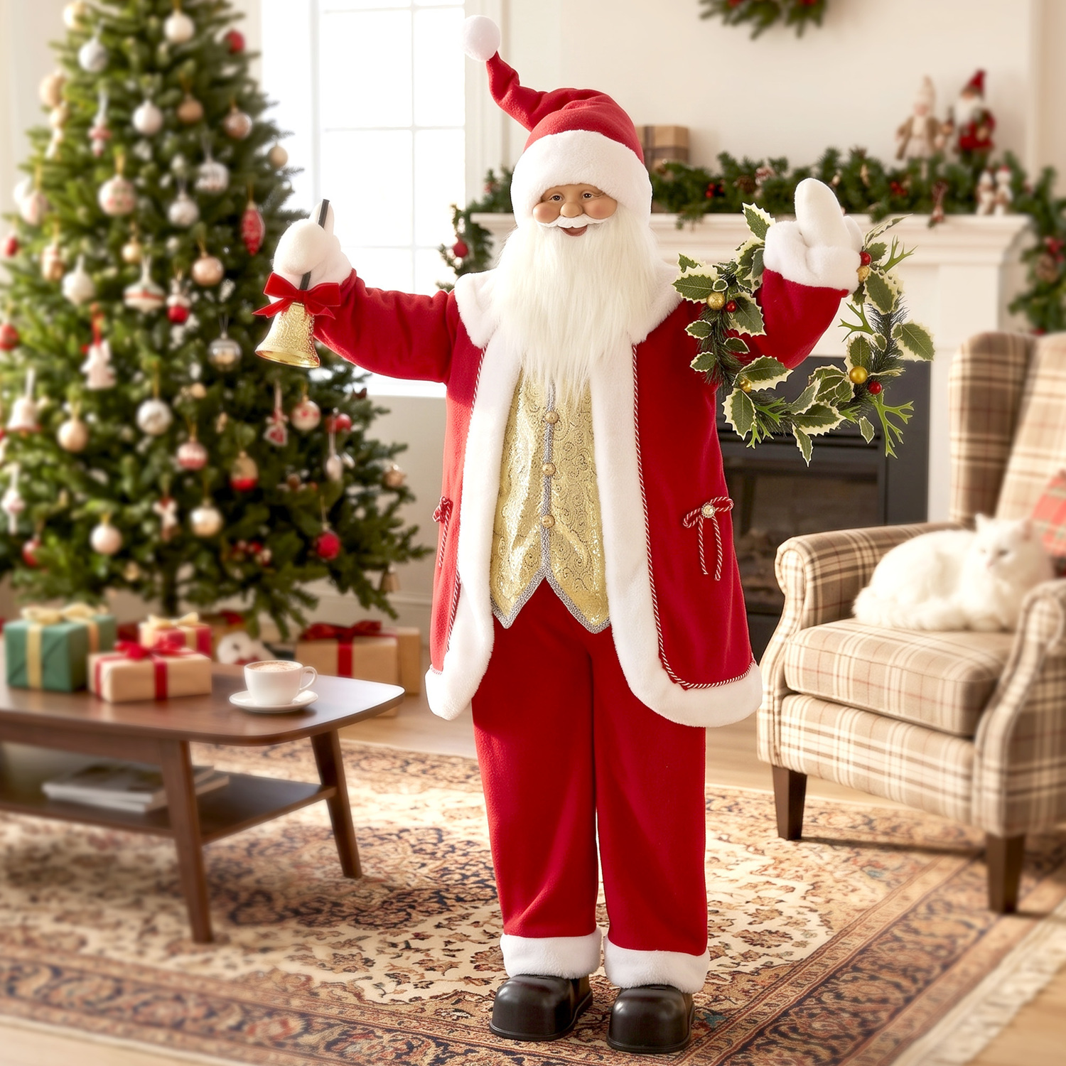 Homcom Red 5Ft Life Size Singing Santa Claus, Standing Christmas Animated Santa Figure With Bell And Wreath, Sound/Touch Activated - Image 5