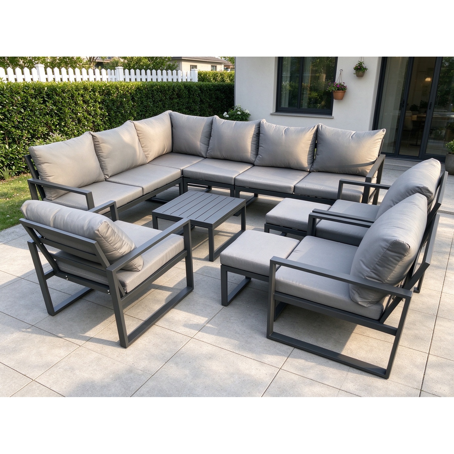Fimous Unisex Dark Grey 11 Seater Aluminium Garden Furniture Set Outdoor Lounge Corner Sofa 3 Pcs Chair Square Coffee Table Sets With 2 Footstools Small - Image 2