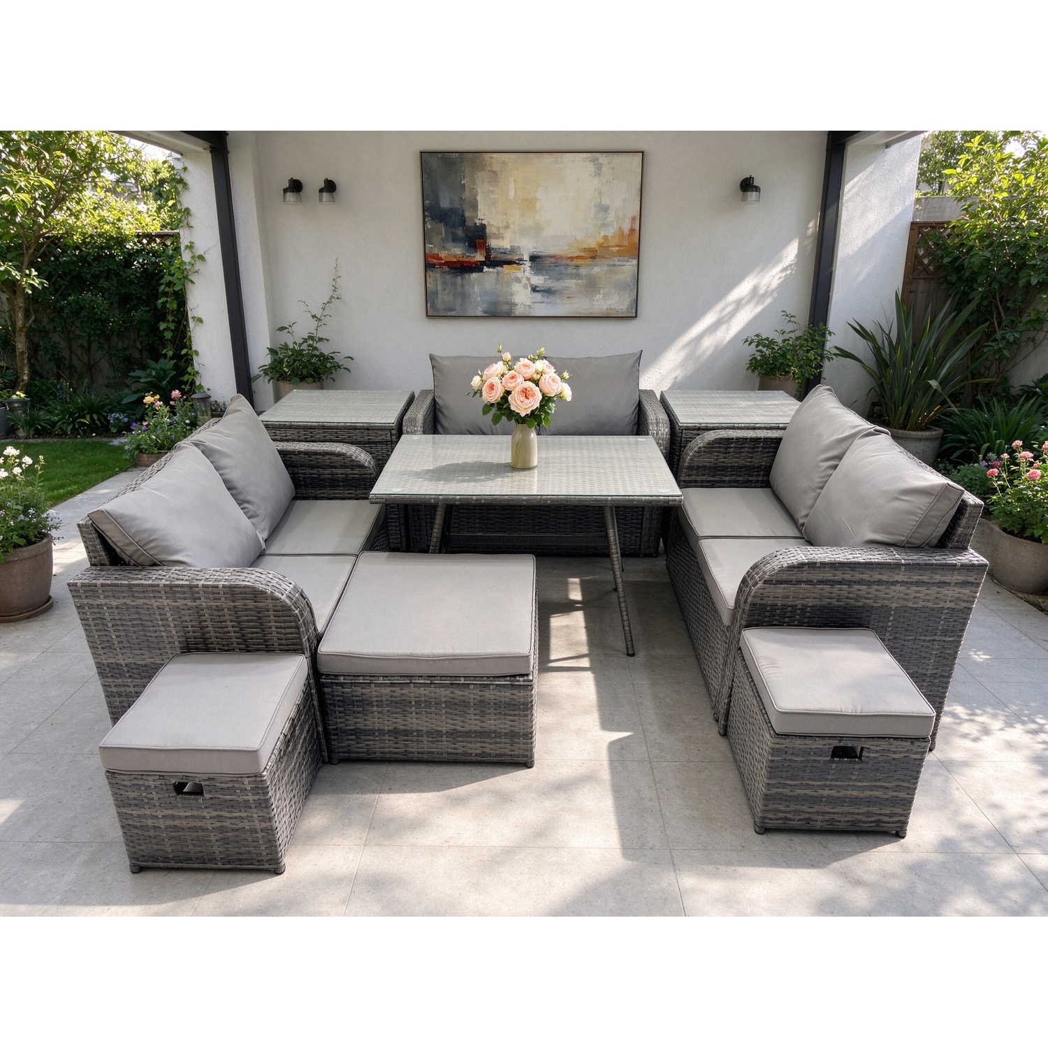 B&Q - Outdoor Rattan Garden Furniture Set Patio Love Sofa Set With Dining Table 3 Footstools 2 Side Tables - Image 2