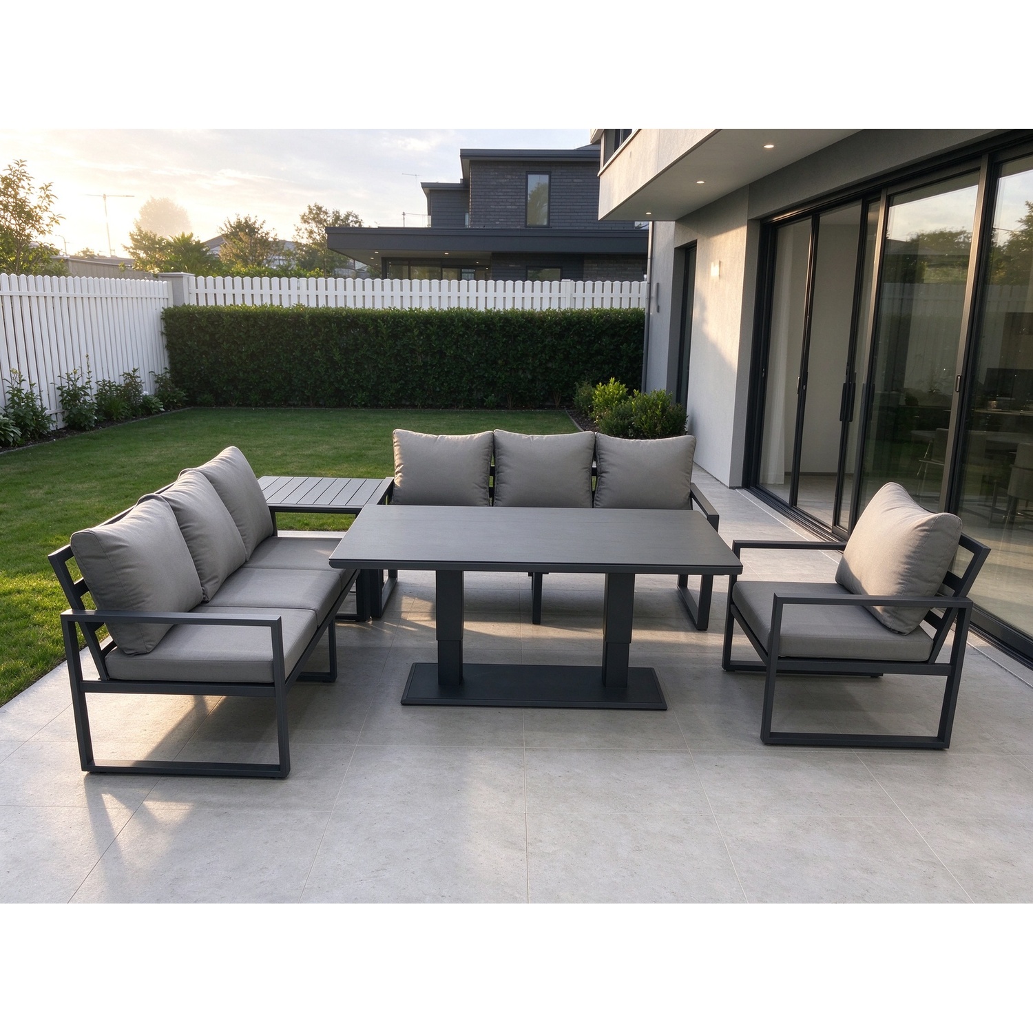 Fimous Outdoor Garden Furniture Set Aluminium Lounge Sofa Adjustable Rising Lifting Dining Table Sets With Side Table Dark Grey - Image 3