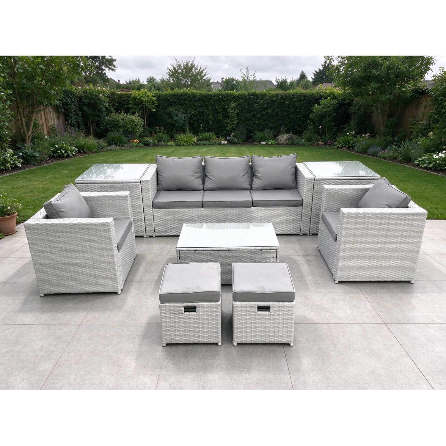 Fimous 7 Seater Rattan Garden Furniture Set With 3 Seater Sofa 2 Chair Rectangular Coffee Table 2 Small Footstools 2 Side Tables - Image 3