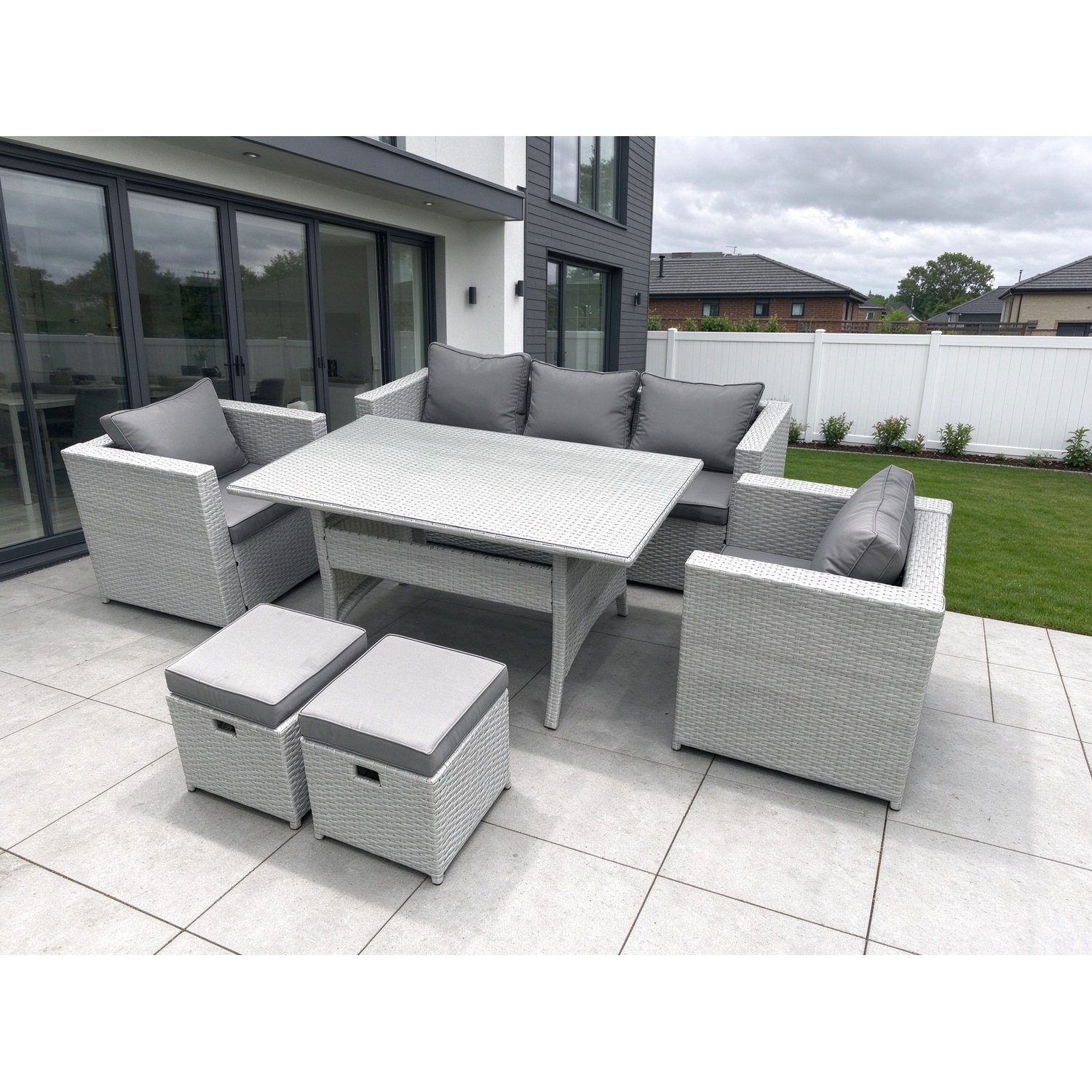 B&Q - Garden Dining Set Outdoor Rattan Furniture Set Sofa Dining Table 2 Chairs 2 Small Stools Light Grey - Image 2