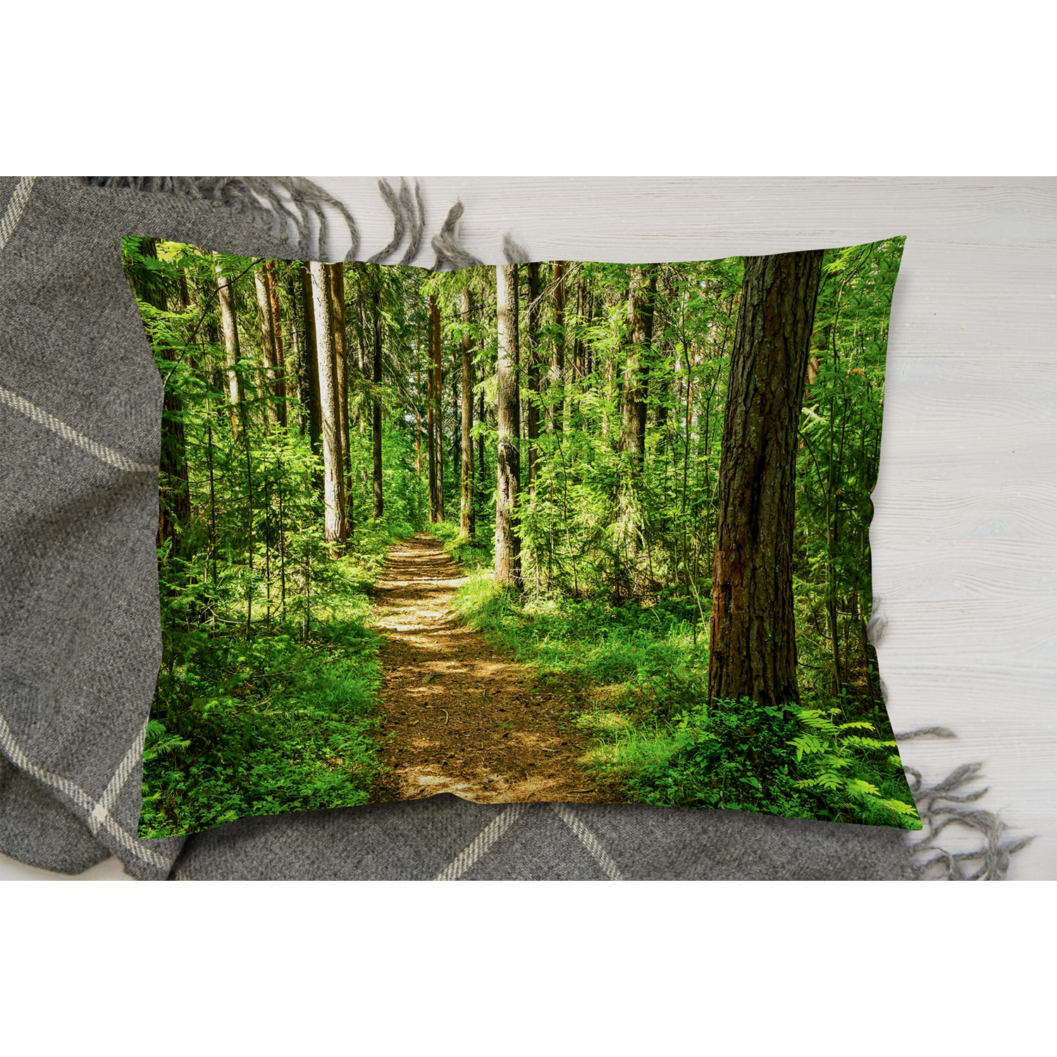 Forest Trail Scene. Woodland Path Cushion - Green