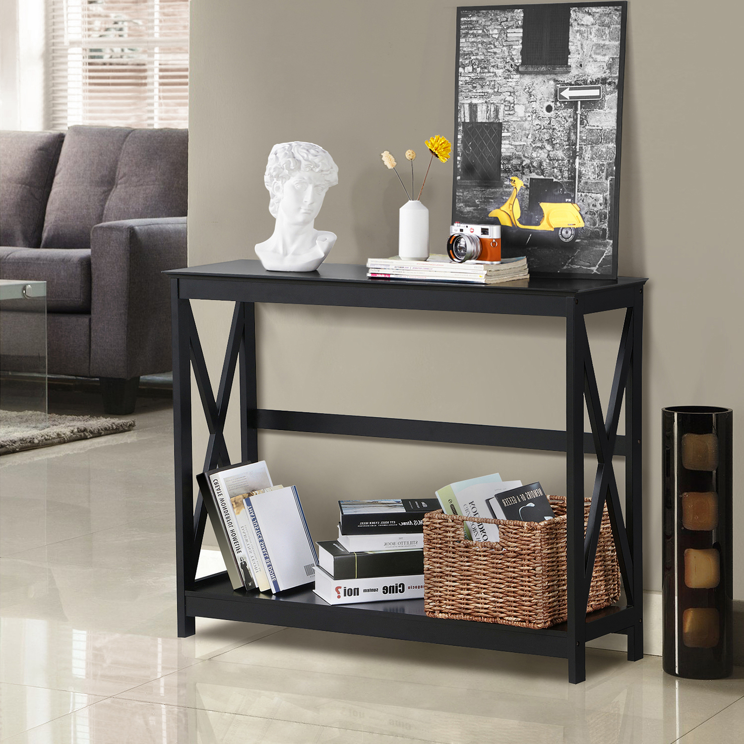 2-tier Narrow Industrial Side Console Table - Black