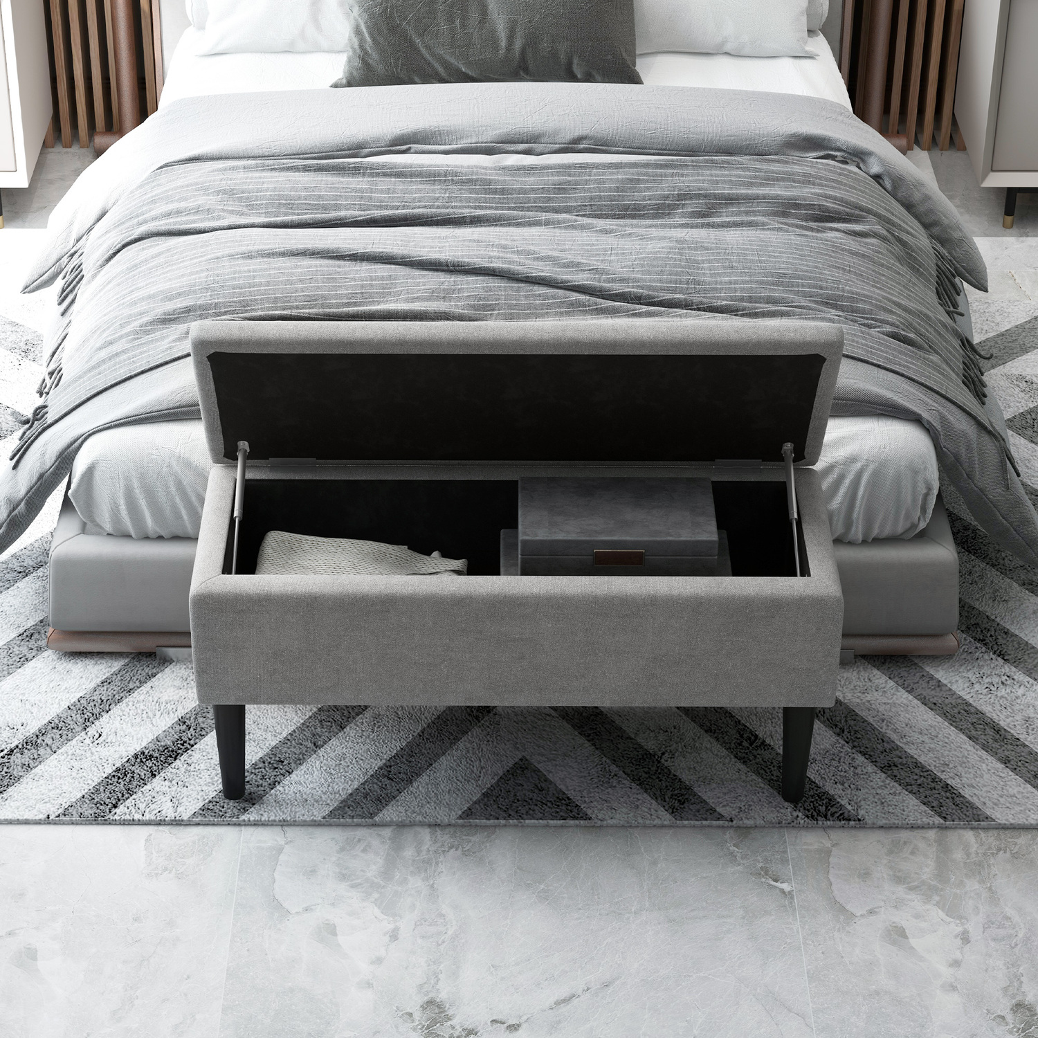 Wooden Legs And Storage Capacity Ottoman Storage Box - Grey