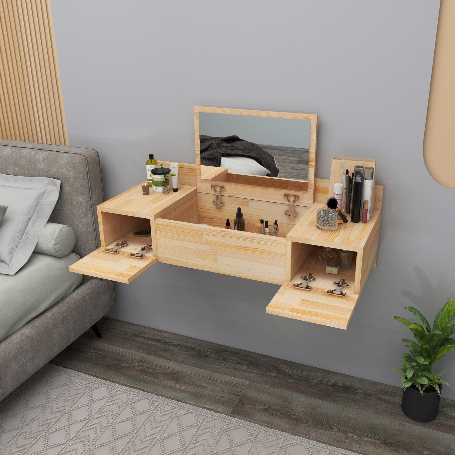 Solid Pine Wood Handmade Vanity Dressing Table With Mirror Beryl - Natural