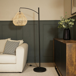 Preto Curved Floor Lamp with Teardrop Rattan Shade