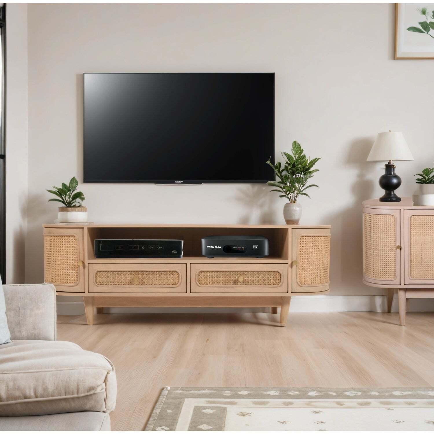 Berma Cane Mango Wood 2 Drawers And 2 Door Tv Cabinet Upto 60 Inch - Natural