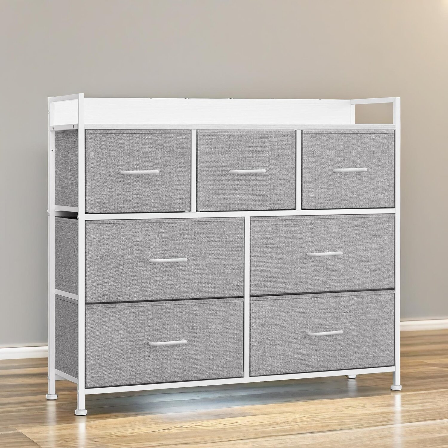 Industrial Bedroom Chest With 7 Fabric Drawers - Light Grey