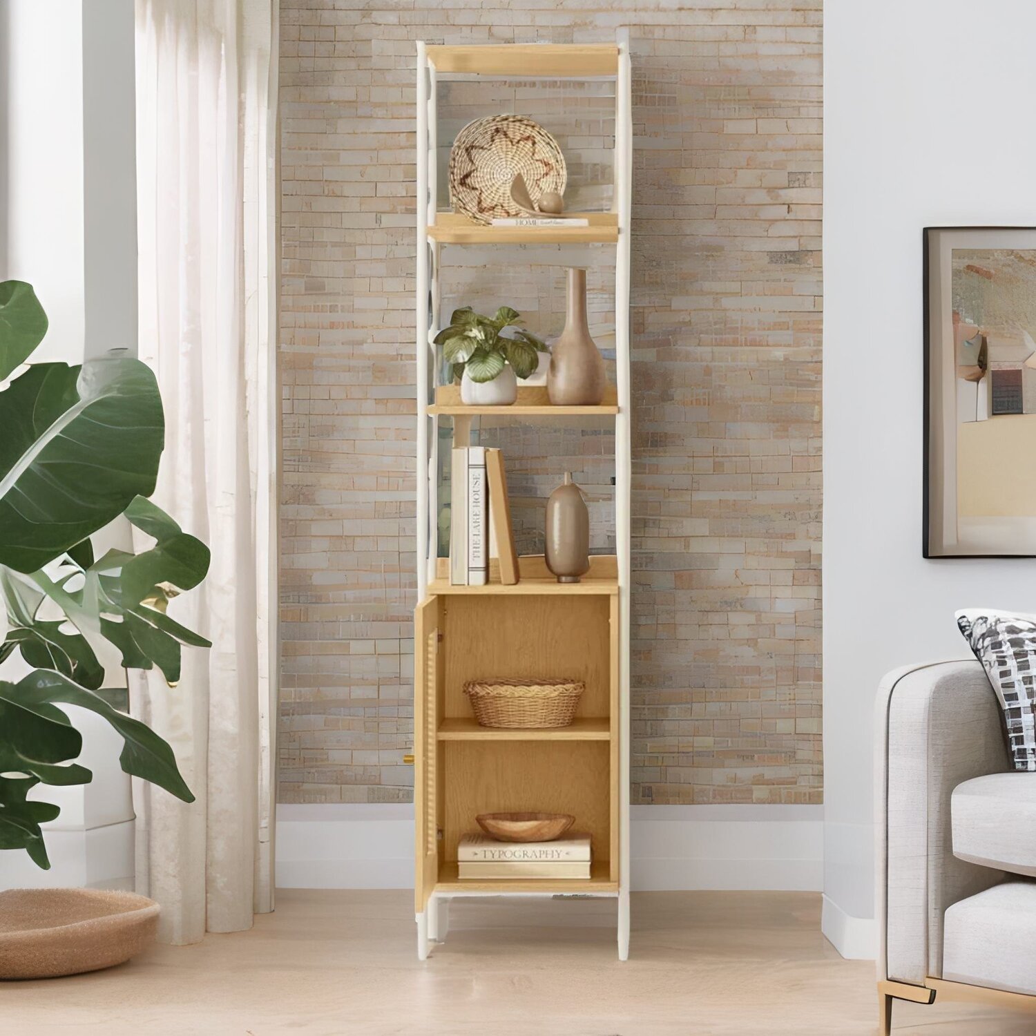 Rattan-like Narrow Bookcase Storage Cabinet With 2 Open Adjustable Shelves - Beige
