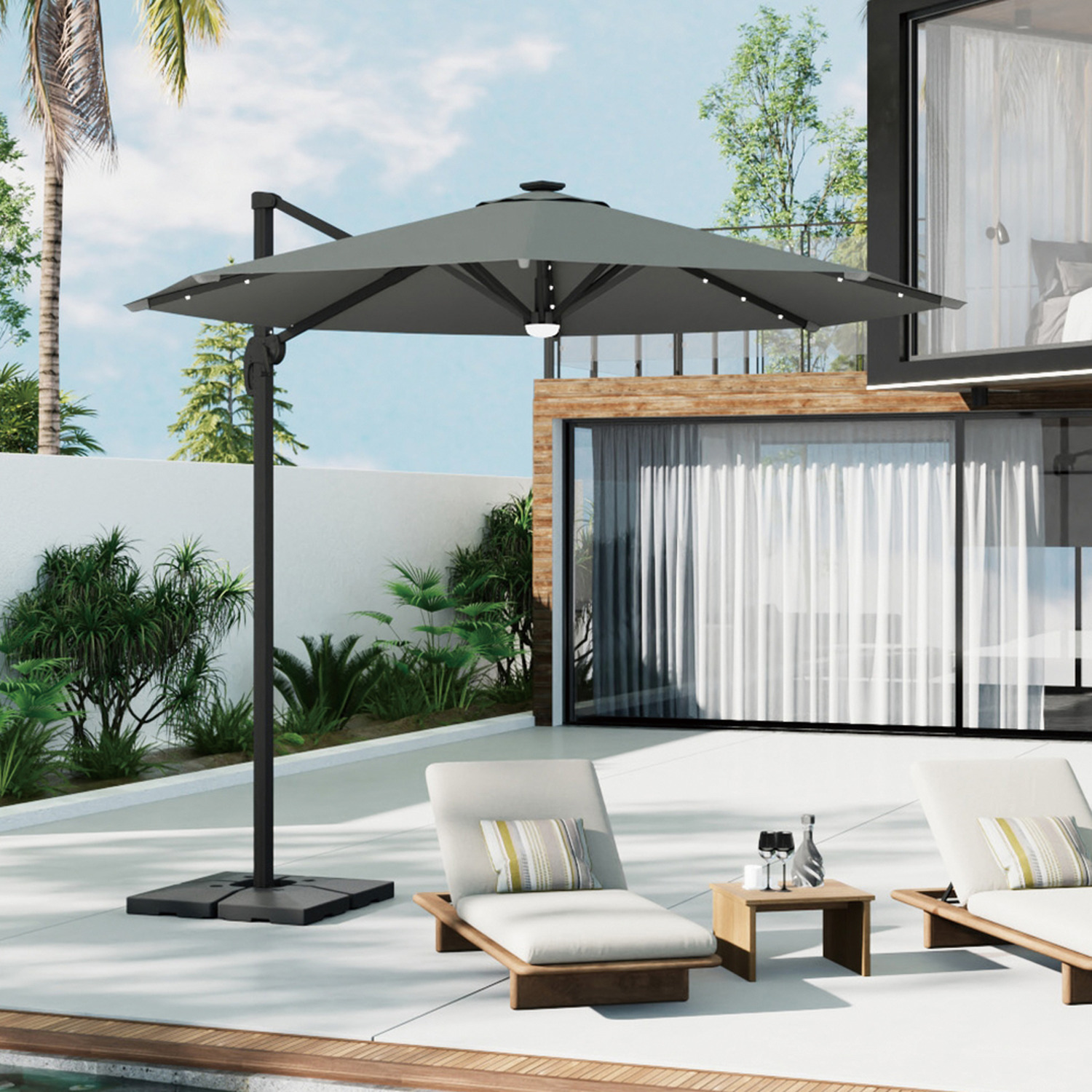 Led Cantilever Parasol With Crank And Rotating Base - Dark Grey