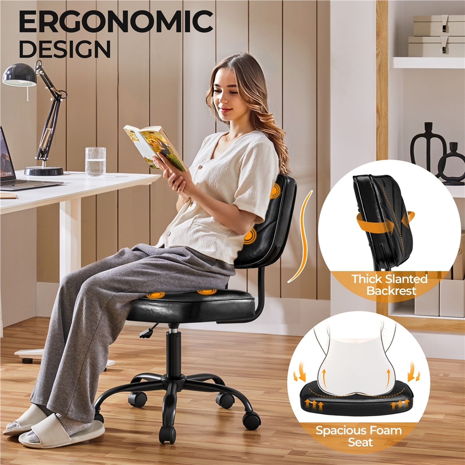 Faux Leather Armless Home Office Chair With Wheels - Black