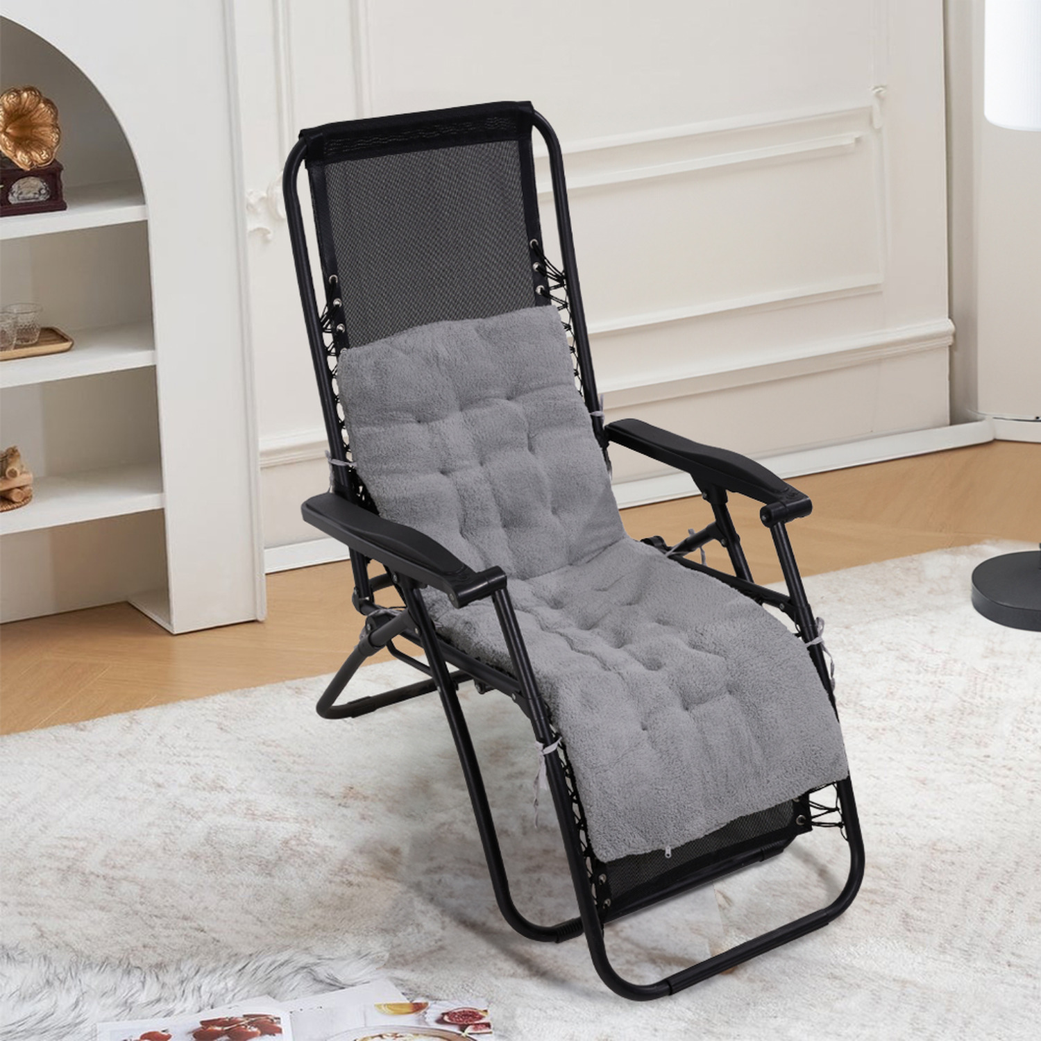 Reversible Sherpa Fleece Chair Cushion Thicken Pad - Grey / 110cm