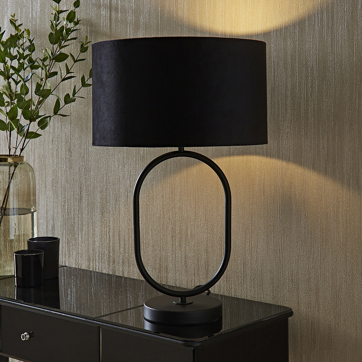 Antonia Matte Black Oval Table Lamp Velvet Drum Shade and LED Bulb - Black