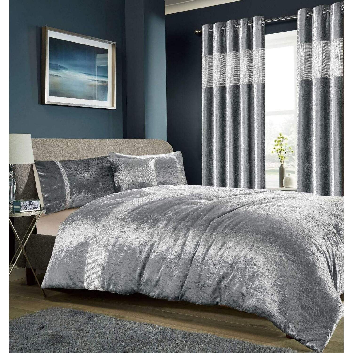 Diamante Crushed Velvet Duvet Set - Silver Double