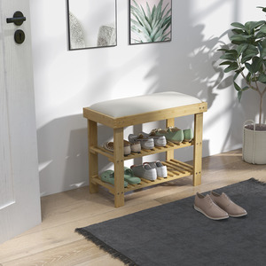 HOMCOM Bamboo Shoe Storage Bench, 3 Tier Shoe Bench with Cushion