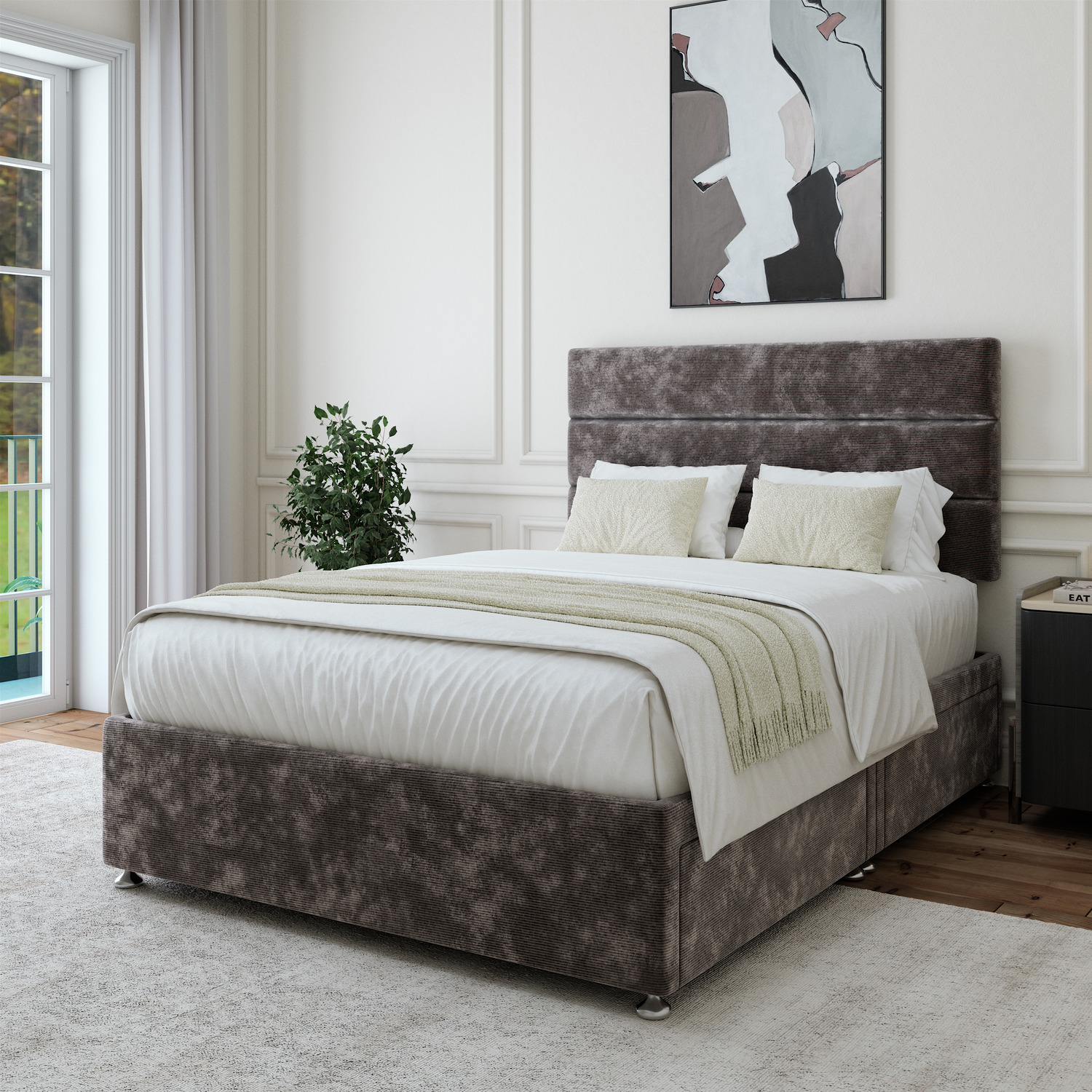 Chenille Divan Base With Storage And Lined Headboard - Colour Options - Charcoal Grey Double 50kg