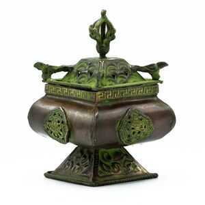 Brass Verdigris Tibetan Burner Four Symbols Square Standing Pot