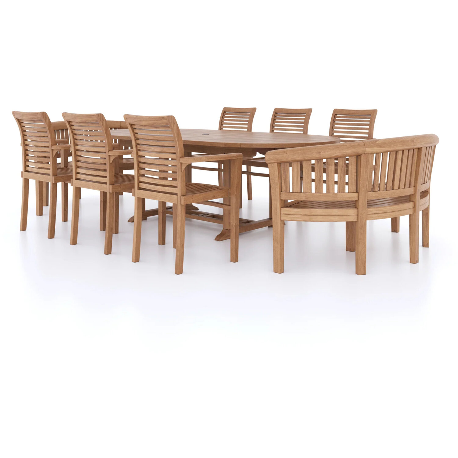 Corfu Teak Garden Dining Table And 10 Seat Chair Set - Teak Table 6 Chairs 2 Benches Cream Cushions