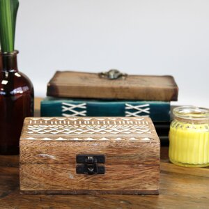 White Washed Wooden Box with Slavic Design Storage Organizer