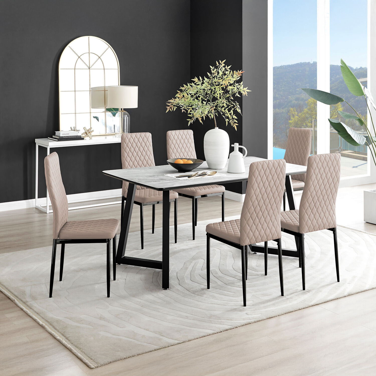 Furnitureboxuk Carson White Marble Effect Dining Table And 6 Milan Black Leg Chairs - Cappuccino